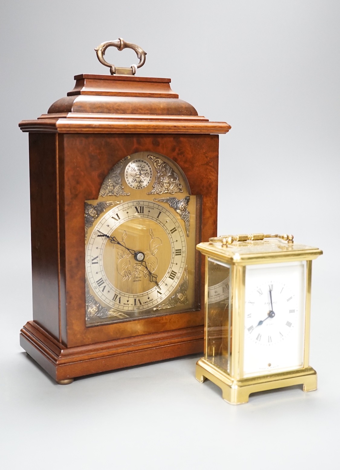 A burr walnut Elliott clock and a Duverdrey & Bloquel carriage timepiece (2)